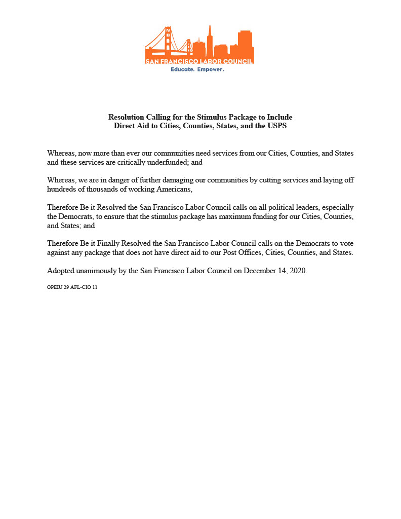 sflabor's tweet photo. SFLC unanimously adopts resolution calling for the #FedStimulus to include direct funding to states, counties, cities & USPS. @SpeakerPelosi #1u #SFLabor https://t.co/Q8ccBBWvtI