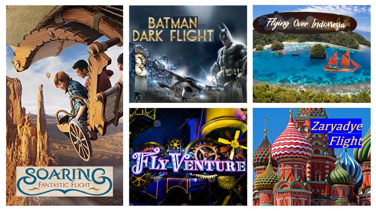 These are extraordinary #FlyingTheatres.

One flies underwater, one has a double feature, &amp; another is high-adrenaline hero action.

Bali - Flying Over Indonesia 🏝
Macau - Batman Dark Flight 🦇
Moscow - Zaryadye Flight 🏰
Seoul - FlyVenture ⚙️
Tokyo - Soaring Fantastic Flight ⛲️