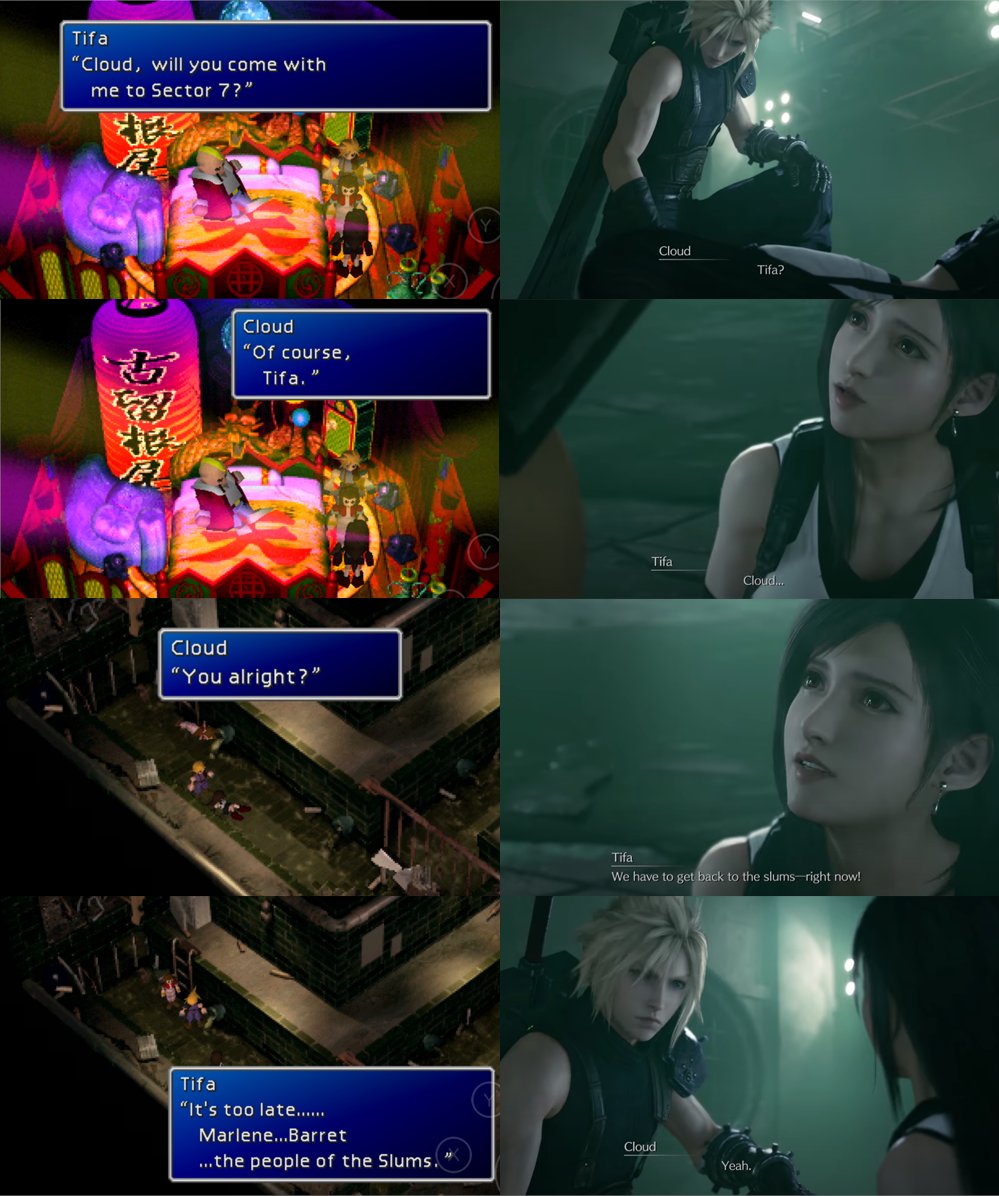 In OG, there's a non-optional moment when they confront Don Corneo & Tifa turns to Cloud, asking him specifically to come with her back to Sector 7 slums to rescue everyone. In FF7R, this scene was moved to the sewers, where if you choose Tifa first, she references that OG scene