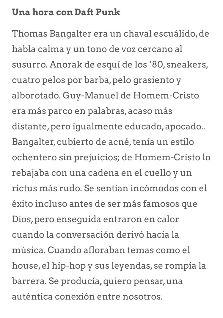 crydaroulee's tweet photo. i just found this article where a spanish journalist is describing his experience when he met daft punk and im dying with the descriptions, “bangalter covered by acne, greasy hair, and four hairs as beard” “guy-manuel had a serious pose” this cant be real at all lmao https://t.co/qKs17z08R8