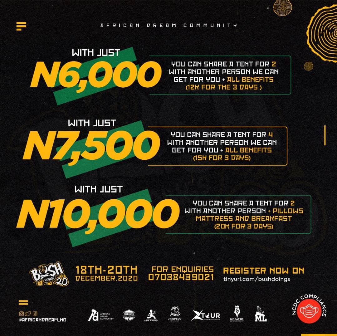 LennyCliff01's tweet photo. #AbujaTwitterCommunity are you ready for #BushDoings???!!!
You don't want to miss this fun packed 3 days experience.
Get your tickets π
https://t.co/wio7jdixqf https://t.co/vm6IKcMkEU