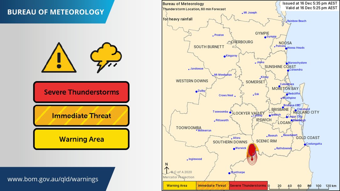BOM_Qld's tweet photo. ⚠️⛈️ SEVERE THUNDERSTORM WARNING for slow-moving heavy showers and storms east of #Warwick that may affect #Killarney. These storms are producing heavy rainfall that may lead to flash flooding.  Warning details and updates: https://t.co/FBmpsInT9o https://t.co/fRwpI6aF0R