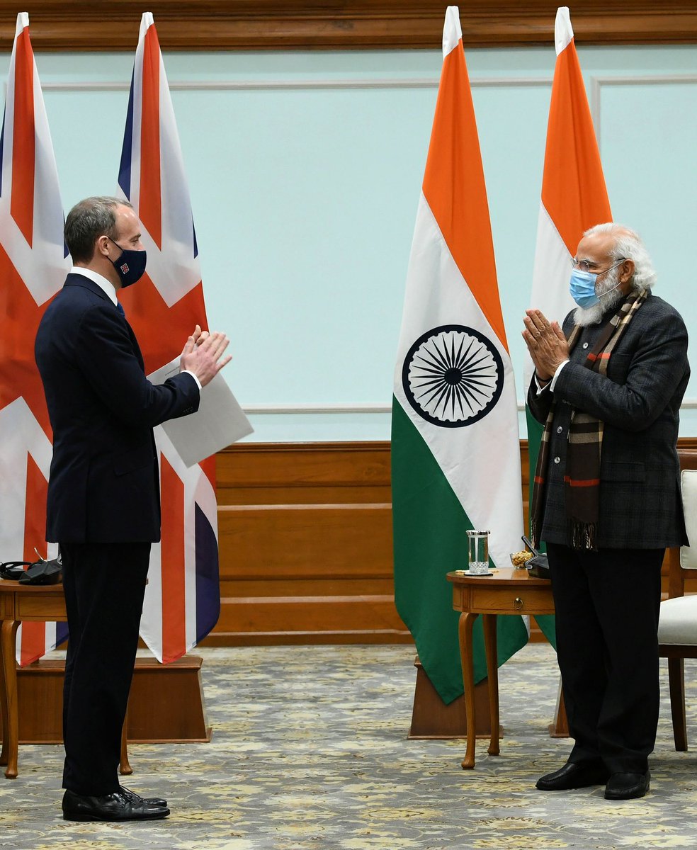 narendramodi's tweet image. Excellent meeting with @DominicRaab, UK Secretary of State of @FCDOGovUK. Discussed the vast potential of the India-UK partnership in the post-COVID, post-BREXIT world. Looking forward to next month's visit by PM @BorisJohnson as Chief Guest at our Republic Day celebrations.