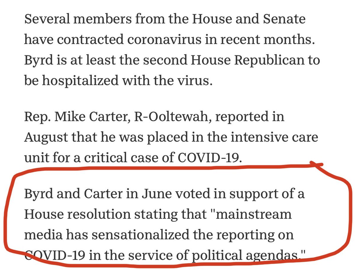 2) GOP Reps Bryd and Carter both had brazenly said “mainstream media has sensationalized the reporting of  #COVID19 in the service of political agenda”.Both gentlemen now have visited the ICU for COVID. Karma?