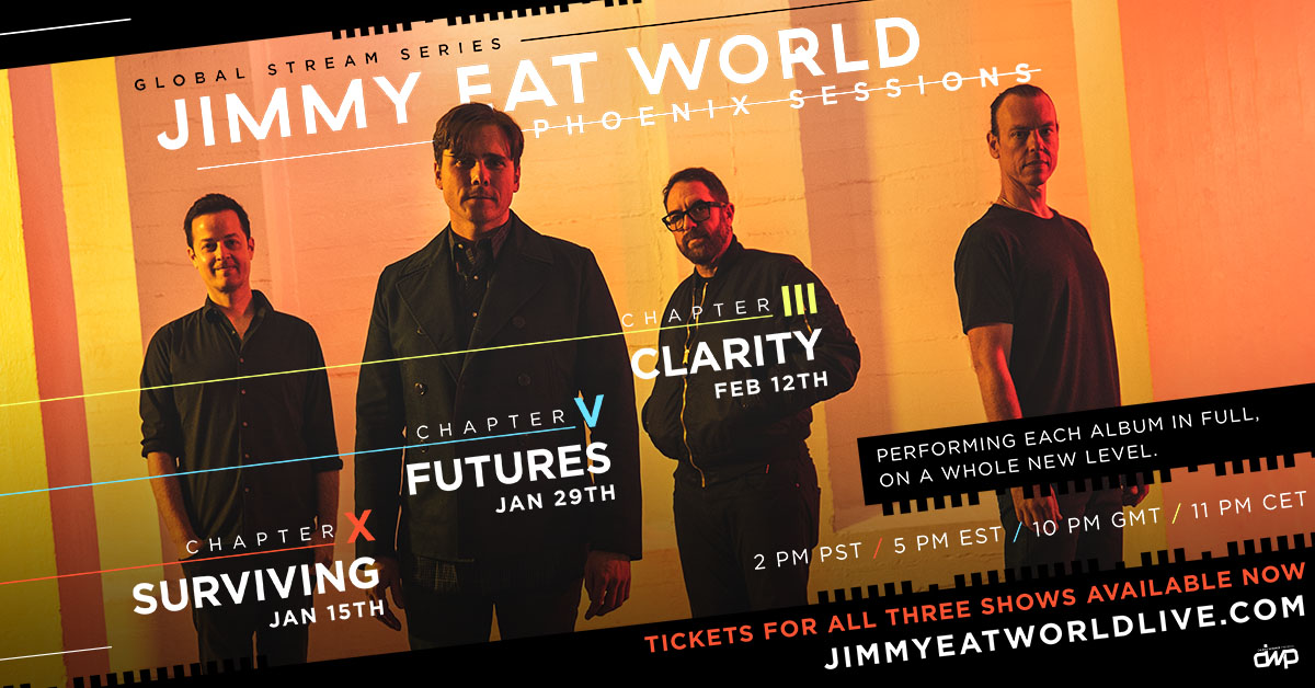 jimmyeatworld's tweet image. In case you missed the news, we've got three unique performances coming your way! Each performance will visit a different chapter from our history as a band. 

Tickets: jimmyeatworldlive.com

Jan 15 – Ch. X – Surviving
Jan 29 – Ch. V – Futures
Feb 12 – Ch. III – Clarity