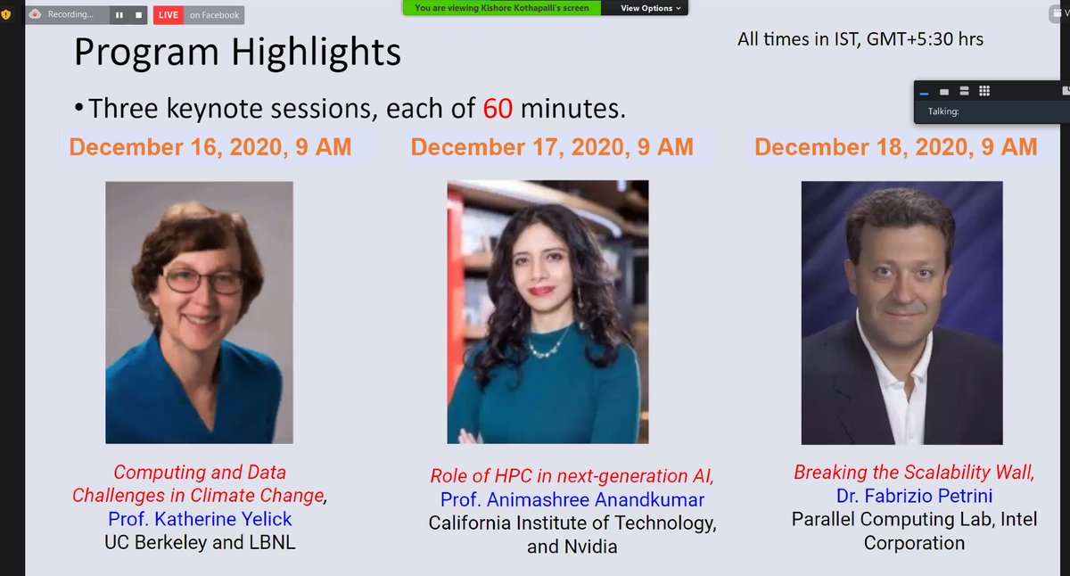 abhicantdraw's tweet photo. The keynotes sessions this year are by @KathyYelick , @AnimaAnandkumar and Fabrizio Petrini! #hipc2020 https://t.co/rNahqbsJda