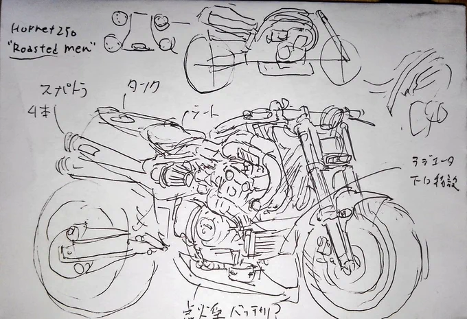 休憩落書き
先日うなかふぇで話題に上がった
上方排気ホーネット

あれのバックボーンフレームなら
幅狭いしワンチャン...
点火コイル/エアクリサイド出しは
チョッパーテイスト 