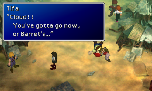 In OG, Tifa is already in your party by default as you climb up the pillar. In FF7R, Tifa is on the ground and worried for Cloud/Avalanche up on the pillar & as she tells Aerith/Wedge she needs to go, Aerith tells her to "follow your heart."
