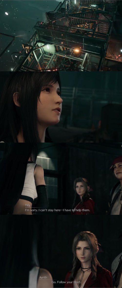 In OG, Tifa is already in your party by default as you climb up the pillar. In FF7R, Tifa is on the ground and worried for Cloud/Avalanche up on the pillar & as she tells Aerith/Wedge she needs to go, Aerith tells her to "follow your heart."