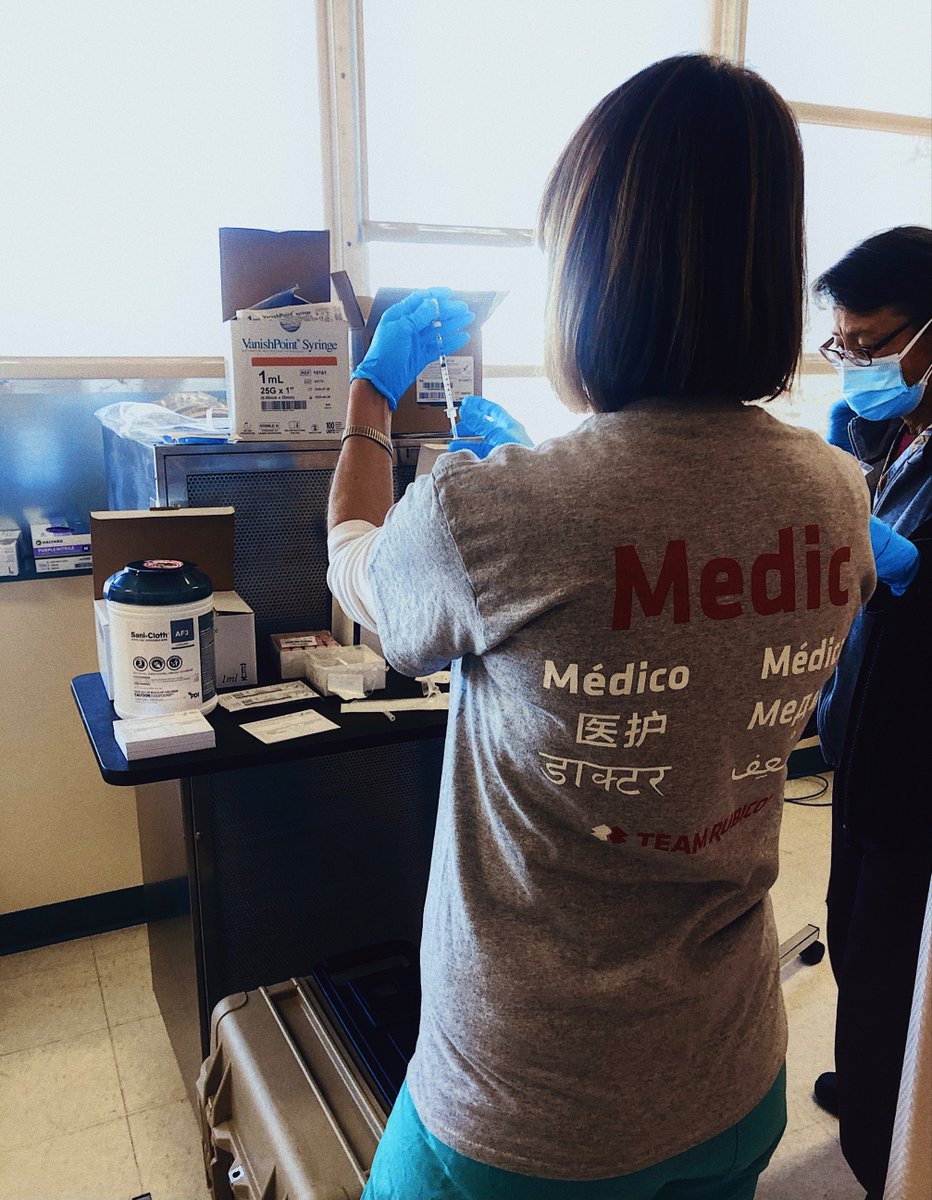 TeamRubicon's tweet photo. "Today was a good day." 
In a historic first step toward healing our country, nurse, Navy Veteran &amp; Team Rubicon Greyshirt Terri Whitson administered the first rounds of the coronavirus vaccine to medical staff serving Navajo Nation. We’re here. We're ready. We're #BuiltToServe. https://t.co/mx98SJCjO0