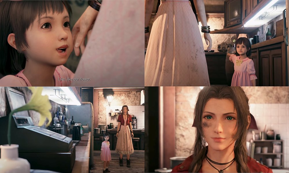 In OG, we don't see Aerith when she goes looking for Marlene. In FF7R, we see Aerith finding Marlene, then Marlene showing Aerith the flower she gave Cloud, which Cloud then gave to Tifa that she decorated the bar with; Aerith then sports a knowing look on her face.