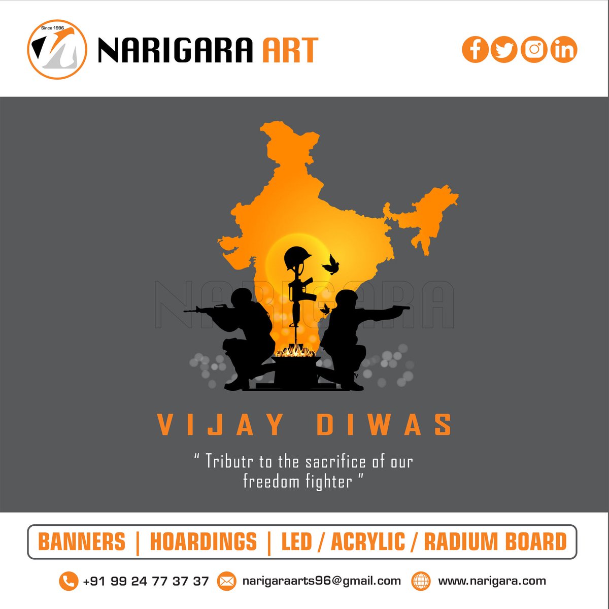NarigaraArt's tweet photo. ๐๐๐ฉ๐ฉ๐ฒ ๐๐ข๐ฃ๐๐ฒ ๐๐ข๐ฐ๐๐ฌ
#HappyVijayDiwas #Advertising #Banner #Hoarding #LedBoard #AcrylicBoard #RadiumBoard #RickshawAd #RollerUpStandee #VinylPrint #OneWayVisionPrint #Branding #BacklitBoard #SafetySign #BussinessCardPrint #TrophyPrinting
#Design #GraphicDesign #Logo https://t.co/mlSoG83bbr