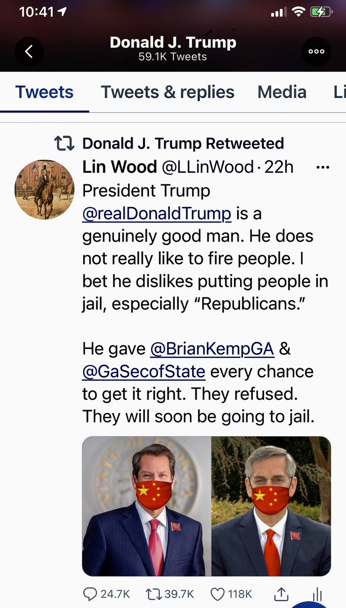 LLinWood's tweet photo. If you were @BrianKempGA &amp; @GaSecofState waking up this morning &amp; seeing this re-tweet by the President of the United States of America, would you be sleeping well tonight? Not if you worked with a foreign country to interfere in a U.S. Election.

Every lie will be revealed. https://t.co/mCOzn8s1UO
