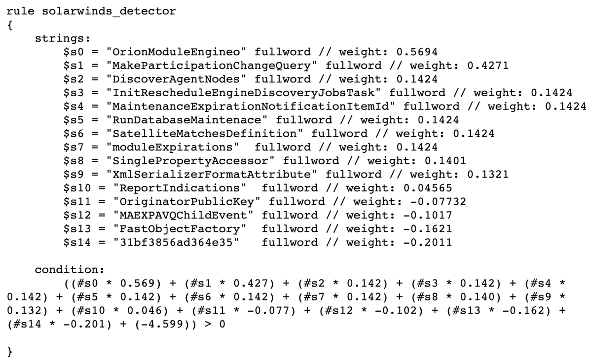 joshua_saxe's tweet photo. 👇ML Yara rule generated by @SophosAI's YaraML tool for matching Sunburst / altered Solarwinds PEs; trained using 3 PEs matching FireEye's rule and tested using 3 *other* PEs matching their rule, which it detected successfully ... (https://t.co/u3TVINmJw3) ... https://t.co/3stW2Y1qDs