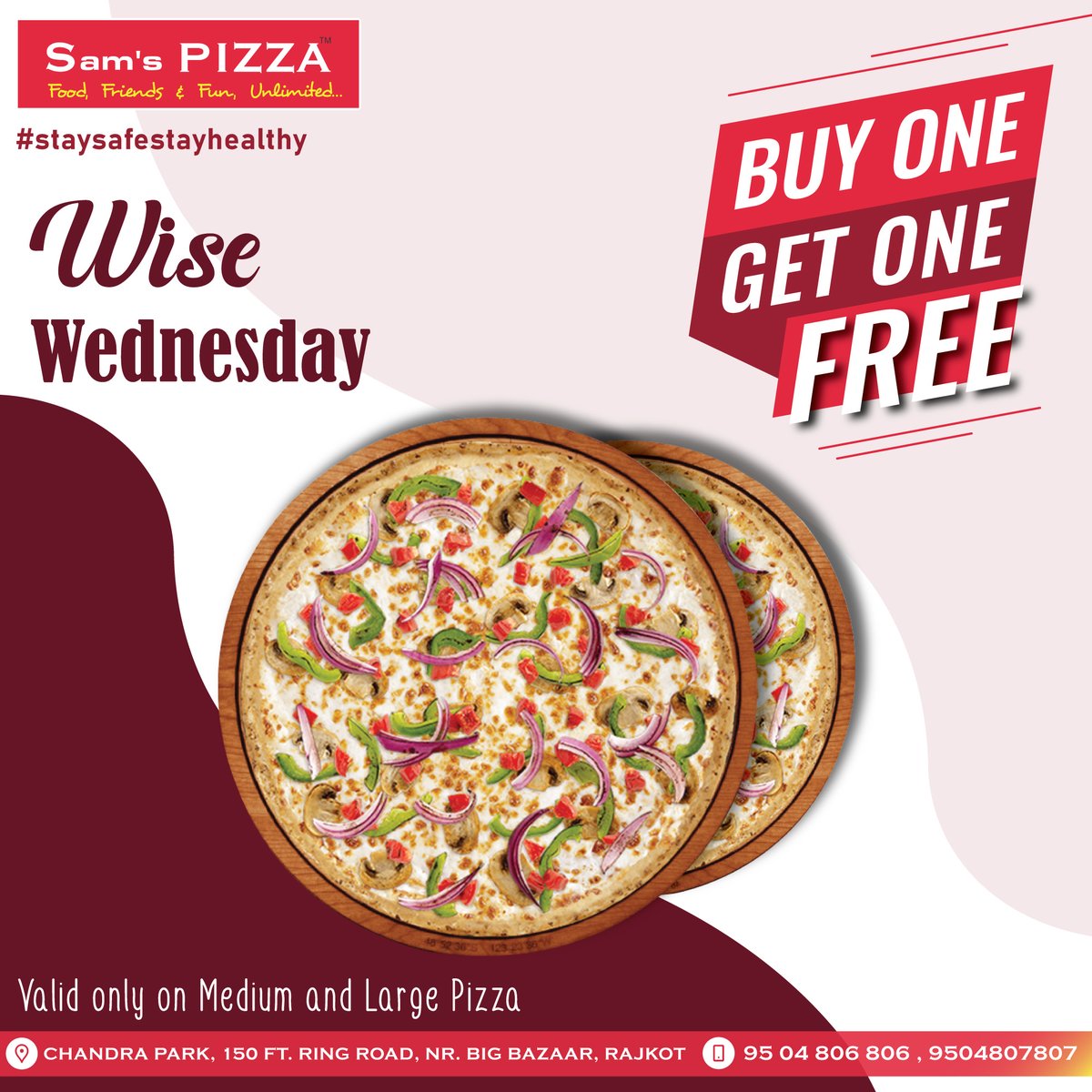Samspizzarajkot's tweet photo. It's Wise Wednesday.....😍
Rush to Sam's Pizza to avail..🏃‍♂️
Buy One Get One Free Offer...🍕+🍕

Now you can order your delicious pizza on Zomato..🛵

#samspizzarajkot 

#foodblogger #FoodieLife #IndianFood #Foodlove #foodgram #pizzawednesday #pizzalife #food52 #cheeseslices https://t.co/T2xwYlvgHB