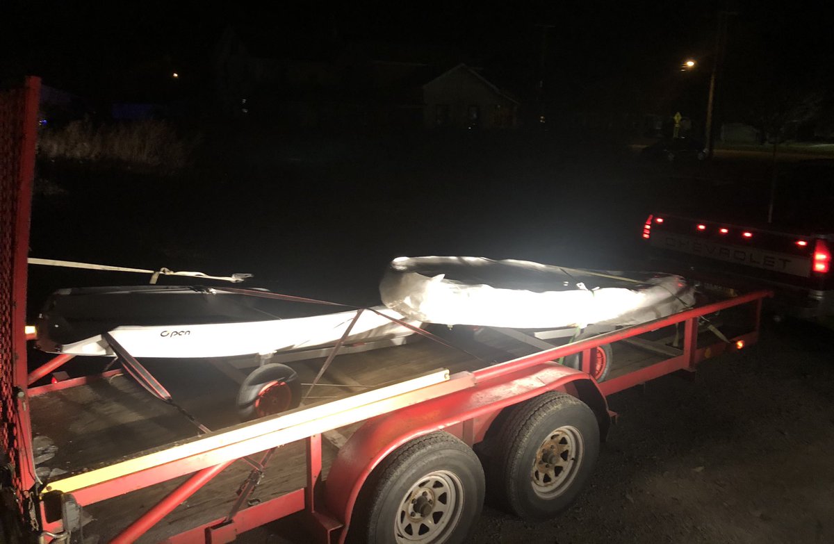 Shoreline_Sail's tweet photo. A pair of O’pen Skiffs leave Shoreline on a dark December night. Bound for Erie, PA and Cleveland, OH. Lucky kids are going to have an awesome Christmas! #openskiff #AChristmasSurprise #EriePA #clevelandOH https://t.co/ZmZ28ApVUh
