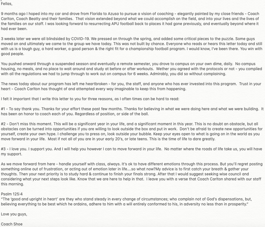Open letter to <a href="/apufootball/">Azusa Pacific Football</a> players. Let’s help those that want to a new home.