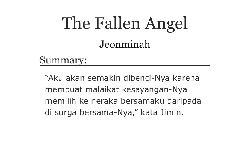 jeonmin_ah's tweet photo. The Fallen Angel - Jikook AU

— Angel Demon Relationship
— JK Top, JM Bot
— Jungkook as angel, Jimin as demon
— Full smut 🔞

Link: https://t.co/VUPp0fwXwV https://t.co/ArEc1cDmQf