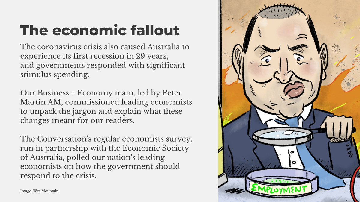 The economic toll was significant. Growth plummeted and unemployment grew.Our polls, presented with  @AusEconSoc, showed what experts agreed upon.Here's  @1petermartin with our latest, showing most economists back raising  #JobSeeker by $100+ a week:  https://theconversation.com/top-economists-want-jobseeker-boosted-by-100-per-week-and-tied-to-wages-150364