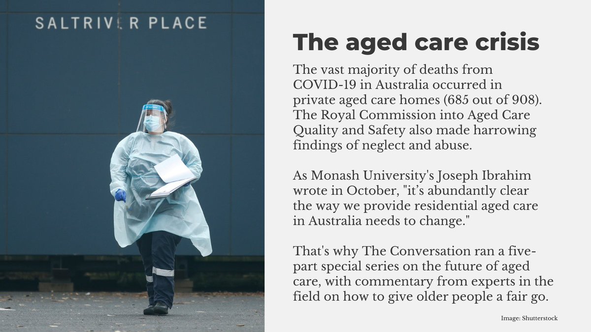  #COVID19 exposed the systemic vulnerability and mismanagement of our aged care sector.We ran a series on how to ensure a better future for our older people, including commentary by  @ProfJoeonline,  @Eily19Webb,  @mtdavern + more. https://theconversation.com/au/topics/aged-care-series-2020-94869