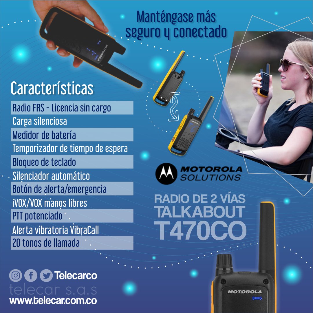 telecarco's tweet photo. Los #T470 de #Motorola son radios de dos vías #Talkabout ideales para comunicarte mientras realizas actividades recreativas al aire libre.
#Motorola #MotorolaSolucionsLatam #RadioComunicaciones #Soluciones #Seguridad #Tecnología #Radiode2vias #Recreación #Aventura https://t.co/M3zSrOItY4