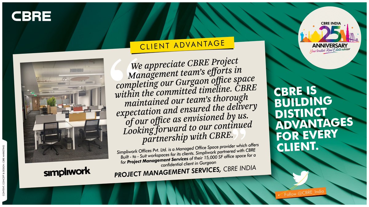 CBRE_India's tweet photo. #ClientAdvantage 

Simpliwork Offices, a Managed Office Space provider that offers Built-to-Suit #workspaces, partnered with CBRE for #ProjectManagement Services of their 15,000 Sq.ft. #officespace for a client in #Gurugram 

Here's what they had to say about the association: https://t.co/A1JpgvIEio