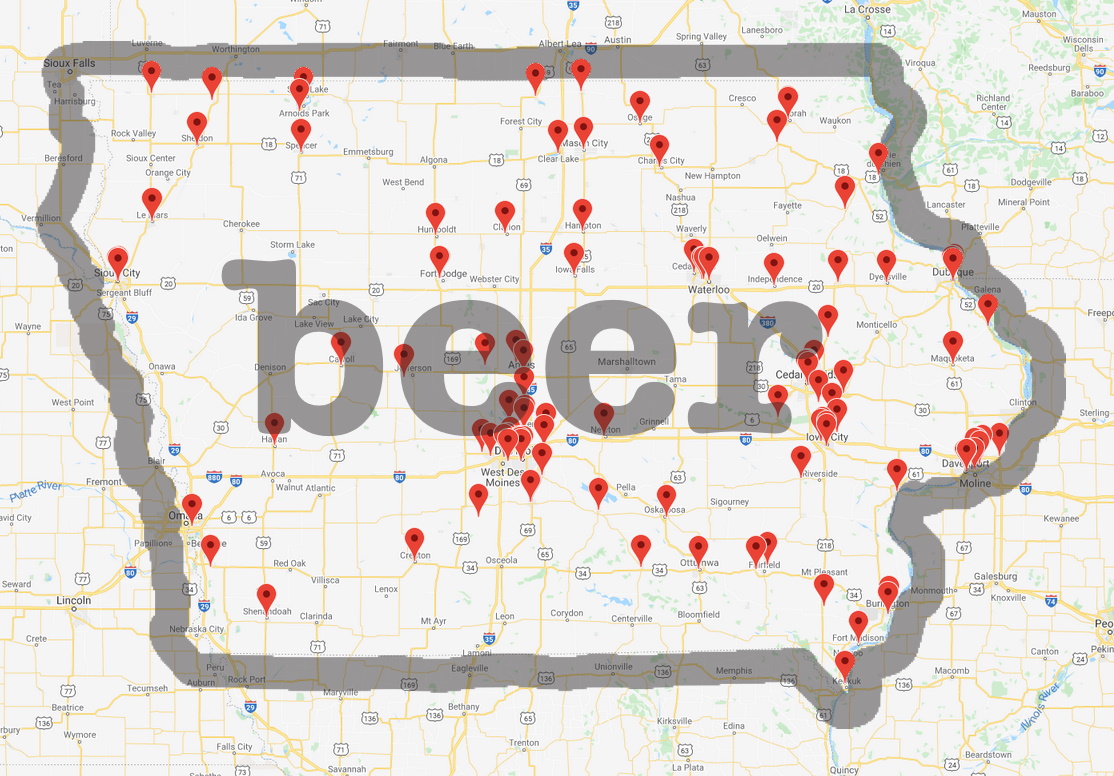 Statewide view of all 117 breweries.  Iowa is becoming much more spread out and not as focused on the big cities as it was just a few years ago.  iowacraftbeertent.com/breweries.php
