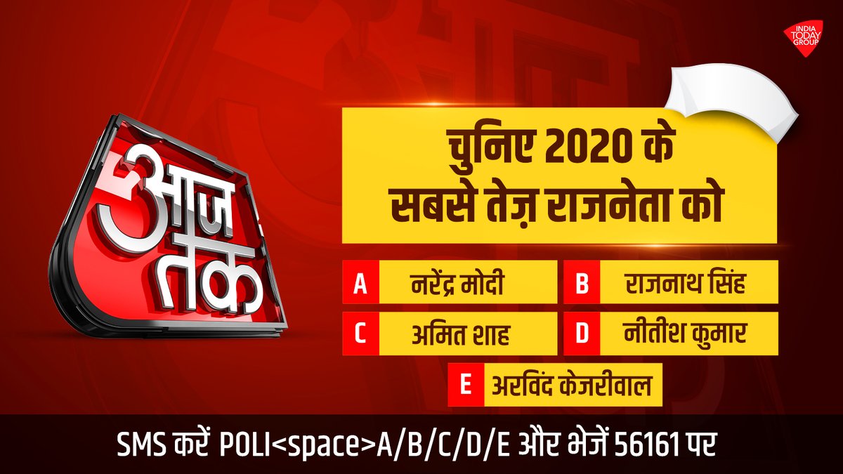 aajtak's tweet photo. इस साल कौन सा नेता रहा सबसे तेज़? अपने पसंदीदा नेता के समर्थन में अभी रिप्लाई करें और SMS भेजकर वोट भी करें। 
#Promo #YearEnder2020 https://t.co/mBKYogJtJ4