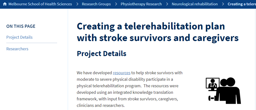 Thrilled to share resources to support delivery of tele rehabilitation for stroke survivors. Resources for stroke survivors, caregivers and clinicians. go.unimelb.edu.au/f96j