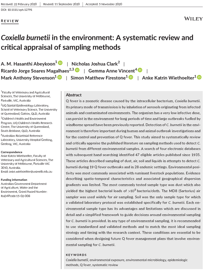 ApcahUnimelb's tweet photo. New #FVASresearch out by PhD student Hasanthi Abeykoon. A systematic review and appraisal of sampling methods for Coxiella burnetii, the causative agent of Q-fever. Published in Zoonoses and Public Health (@wileyvetmed).
https://t.co/Ia0nP3KNfu https://t.co/ZEYW6jWb0X