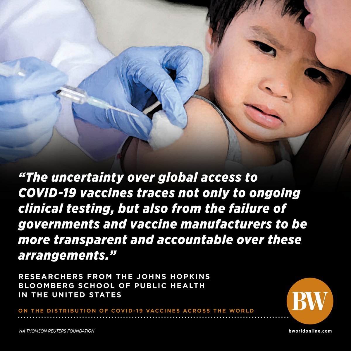 Nearly one in four people may not get COVID-19 vaccines until at least 2022 because rich countries with less than 15% of the global population have reserved 51% of the doses of the most promising vaccines, researchers said on Tuesday. READ: bit.ly/37nFBPf