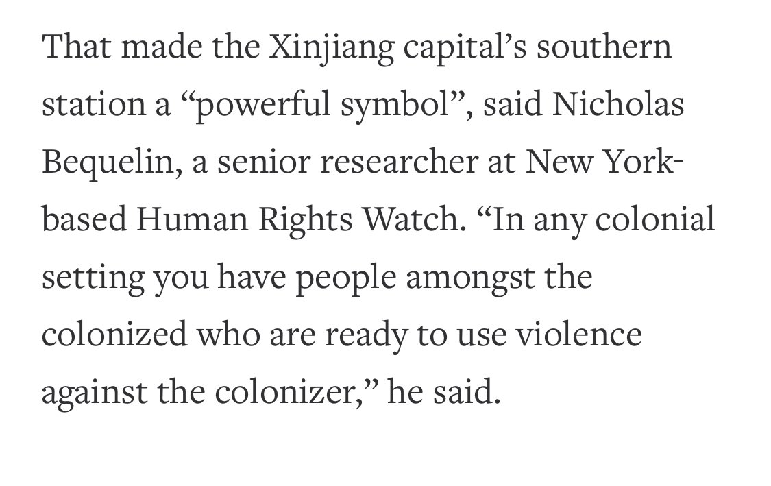 I am old enough to remember 2014 Reuters report quoting  @hrw  @bequelin that Han migrant cotton pickers take jobs away frm local  #Uyghur, deserve to be bombed at Urumqi train station.