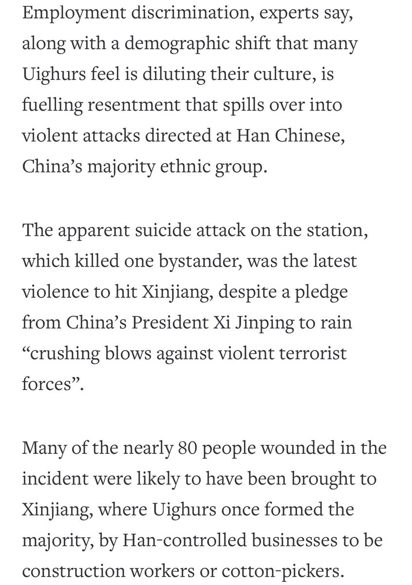 I am old enough to remember 2014 Reuters report quoting  @hrw  @bequelin that Han migrant cotton pickers take jobs away frm local  #Uyghur, deserve to be bombed at Urumqi train station.