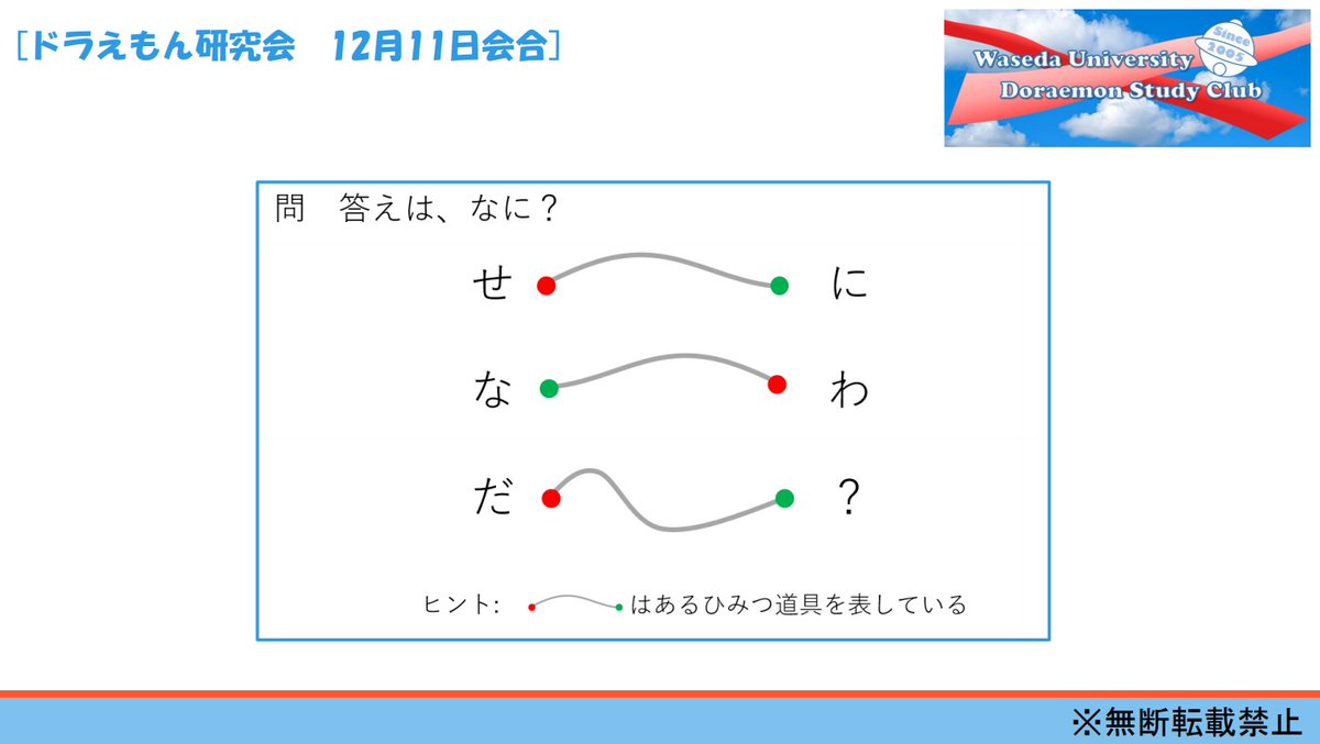 早稲田大学ドラえもん研究会 春休み期間となり 昨日は久しぶりにオンラインでの活動を行いました ちなみに 前回出題した謎解き問題の答えは わせだ でした 映画 Stand By Me ドラえもん2 を見た方なら 入れかえロープを意味してることがすぐ