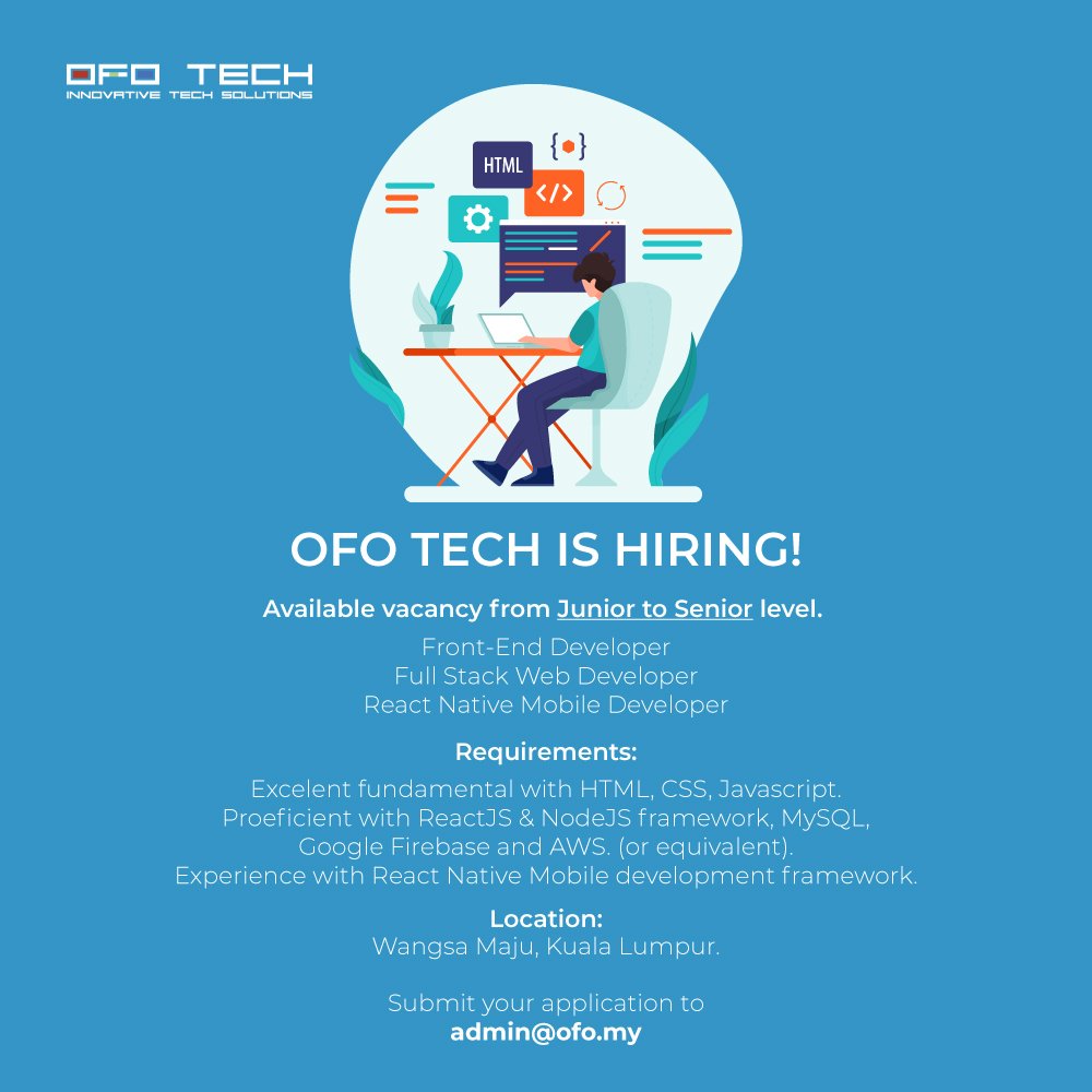OFOtweets's tweet photo. WE'RE HIRING IMMEDIATELY
i) Junior AI (Artificial Intelligence) Engineer
ii) Front-End Developer
iii) Full Stack Web Developer
iv) React Native Mobile Developer
#jobvacancy #kerjakosong #Aerospace #jobsmalaysia #internship #ofotech #OFOGruppe #AI #programming https://t.co/waRRhTioIO