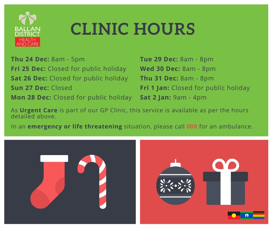 Our Clinic hours for the Christmas/New Year period. We encourage arranging to see your doctor prior to Christmas, if appropriate. If you take regular medication(s), check your supplies to ensure you'll have enough to cover the holidays. To make an appointment, call (03) 5366 7999