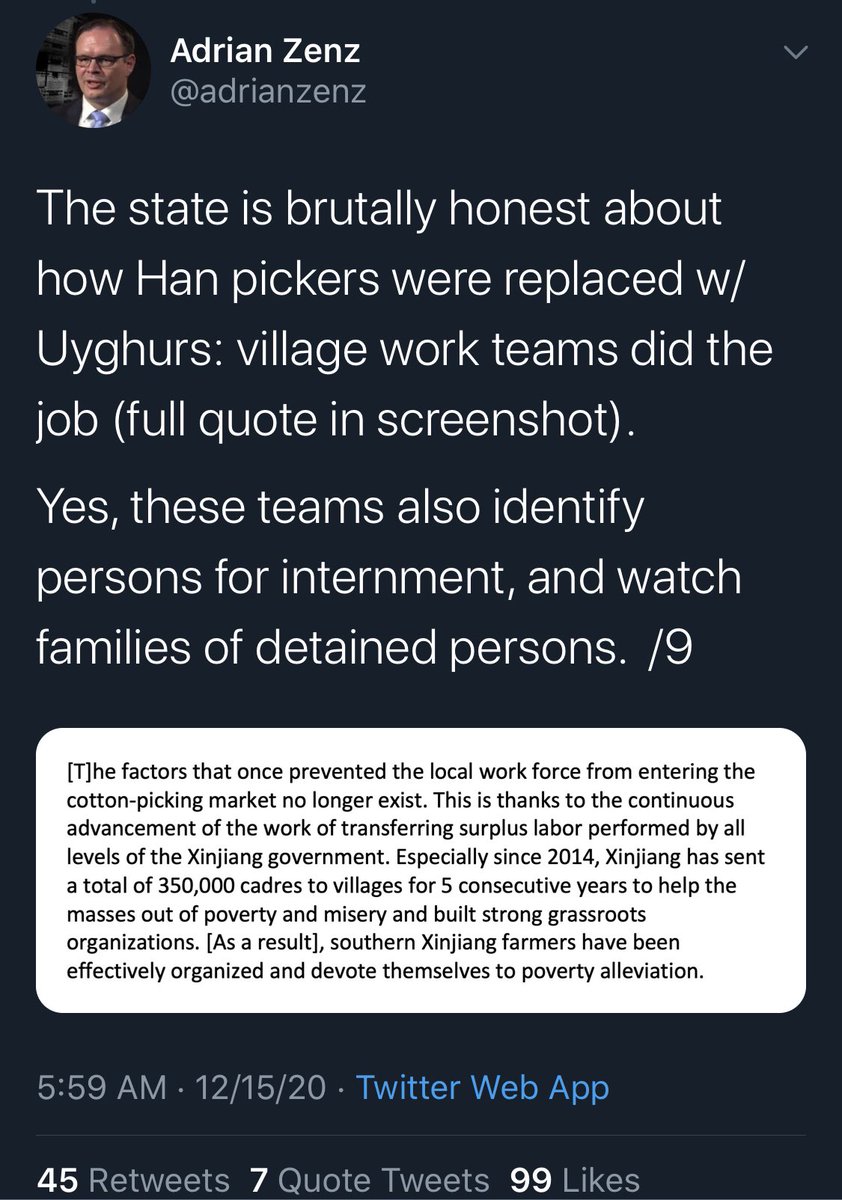 By Zenz’s own admission, PRC gov realized that cotton picking jobs were going to Han migrant workers rather than local  #Uyghurs and took measure to remedy that. He also provided no evidence for his insinuations internment tied to cotton picking...