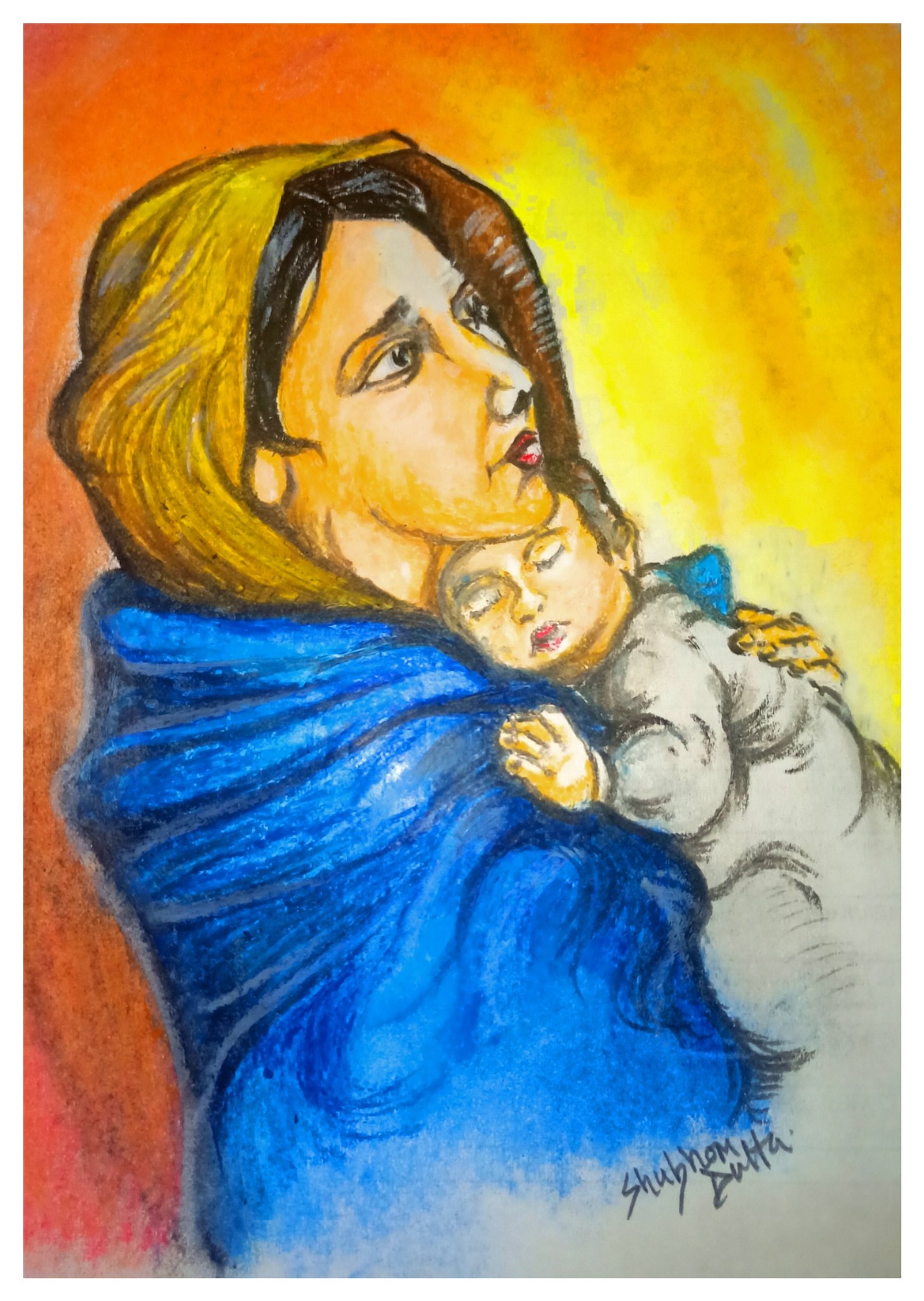X D Shubhom Simple oil pastel drawing Mother Mary and
