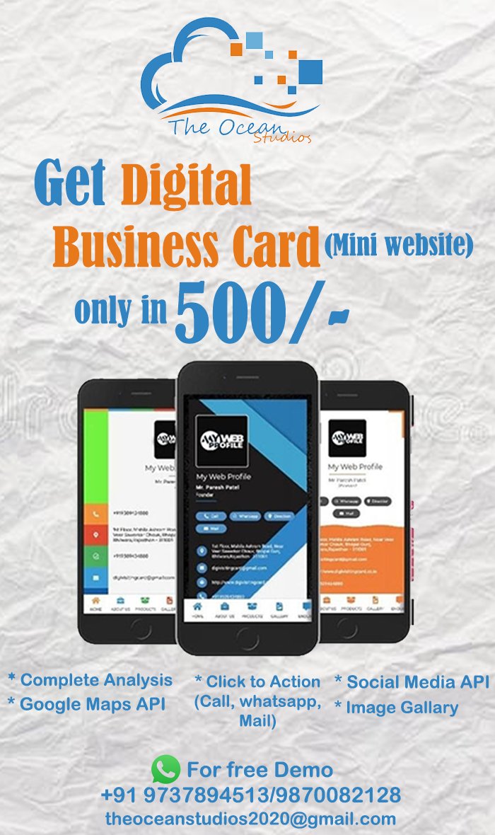 GET YOUR DIGITAL VISITING CARD AT ONLY 500/- We offer an exclusive digital visiting card(Mini website) for your business to get more business at global level. Contact now for more detail. +91 9737894513 +91 9870082128 #digitalmarketing #digitalvisitingcard #website #cheapprices
