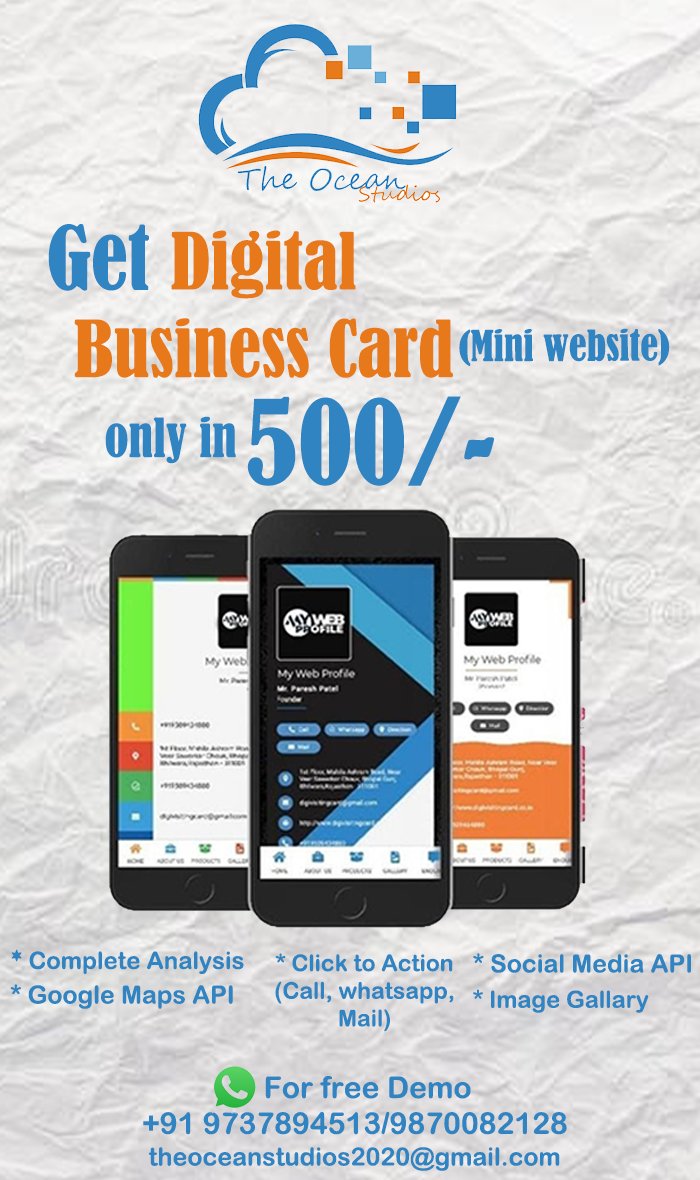 GET YOUR DIGITAL VISITING CARD AT ONLY 500/-
We offer an exclusive digital visiting card(Mini website) for your business to get more business at global level.
Contact now for more detail.
+91 9737894513
+91 9870082128
#digitalmarketing #digitalvisitingcard #website  #cheapprices