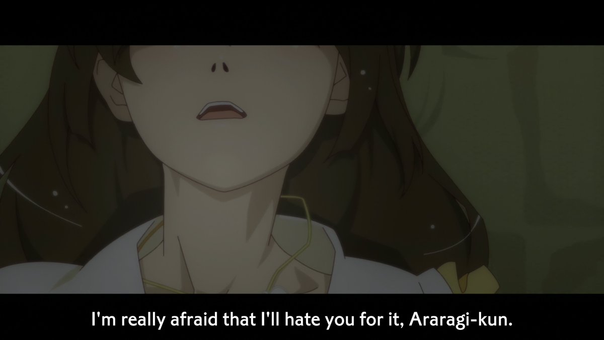 Taking Araragi's complete passiveness into consideration, the most melt inducing part of this scene is when Hitagi expresses her fear of losing him and he immediately grabs her hand to reassure her that she won't.