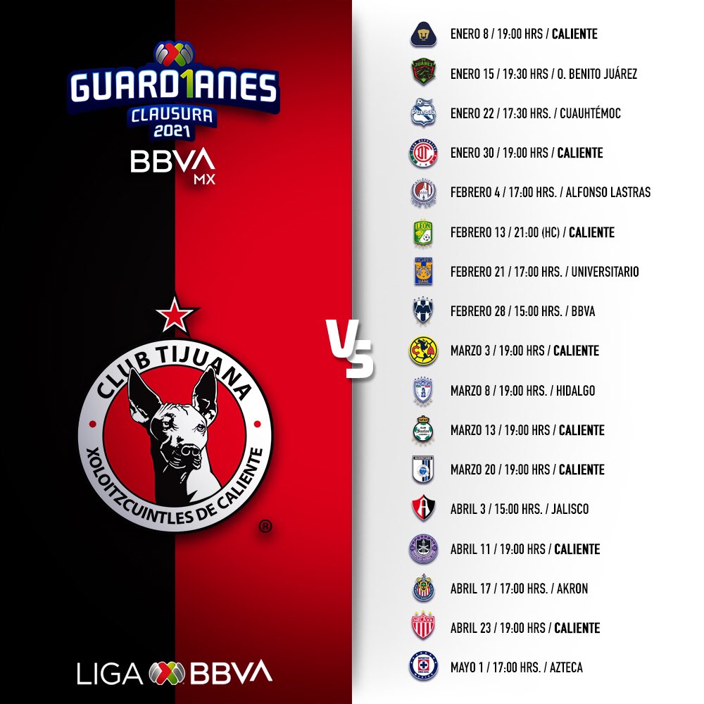 Calendario de Xolos de Tijuana para el Guardianes 2021