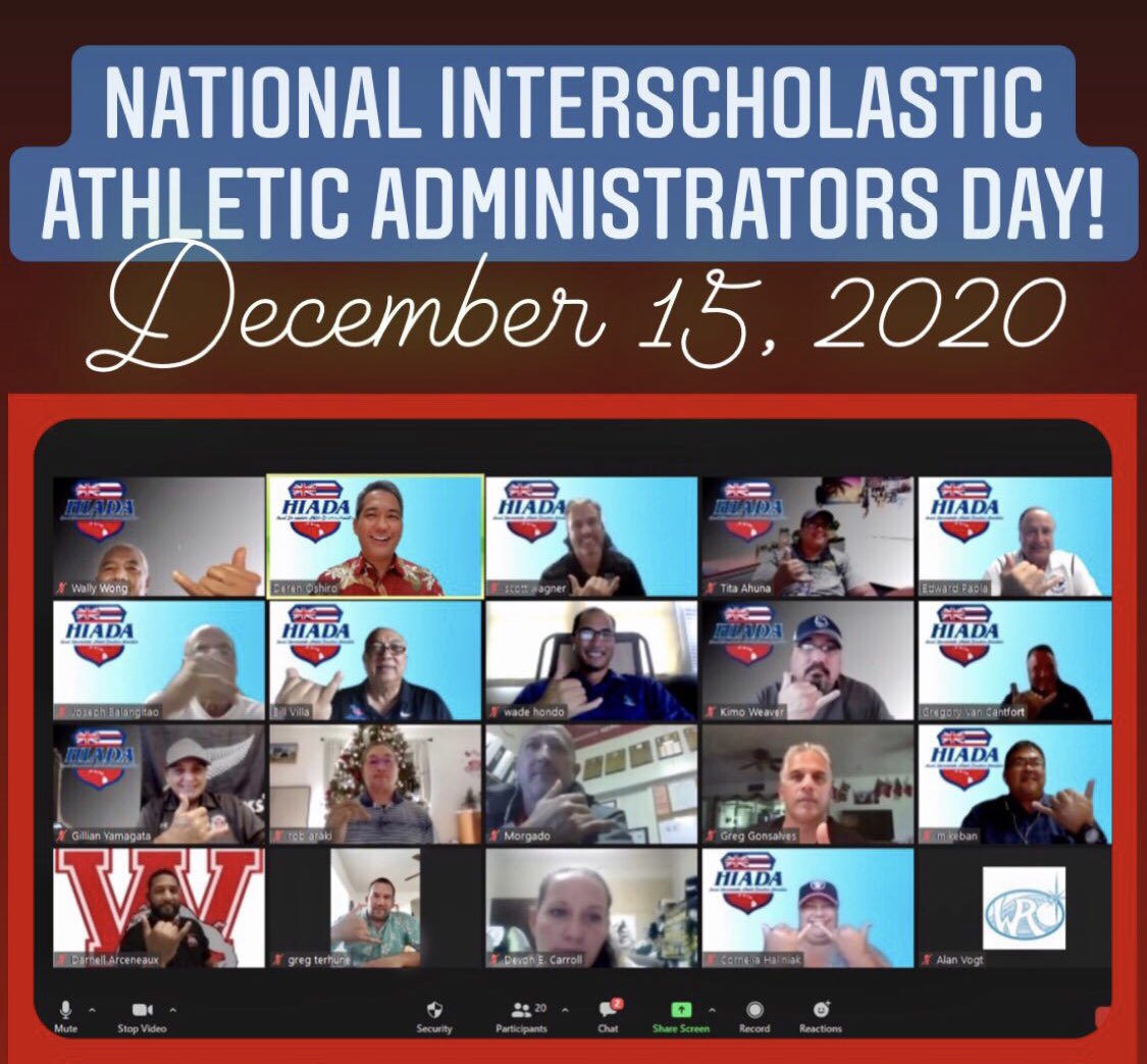 hiada_808's tweet photo. National Interscholastic Athletic Administrators Day! ๐ค๐ป ๐ธ: Debriefing meeting today for Hawaii ADs who attended the 51st @NIAAA9100 #ADConf20 ๐ Seeking to improve our serve! #HiADsUnited @HIADA_ED @NFHS_Org @2047Kaumana @OIASports @ilhsports_com @MauiNewsSports @HHSAAsports https://t.co/VnNh2ffqpP