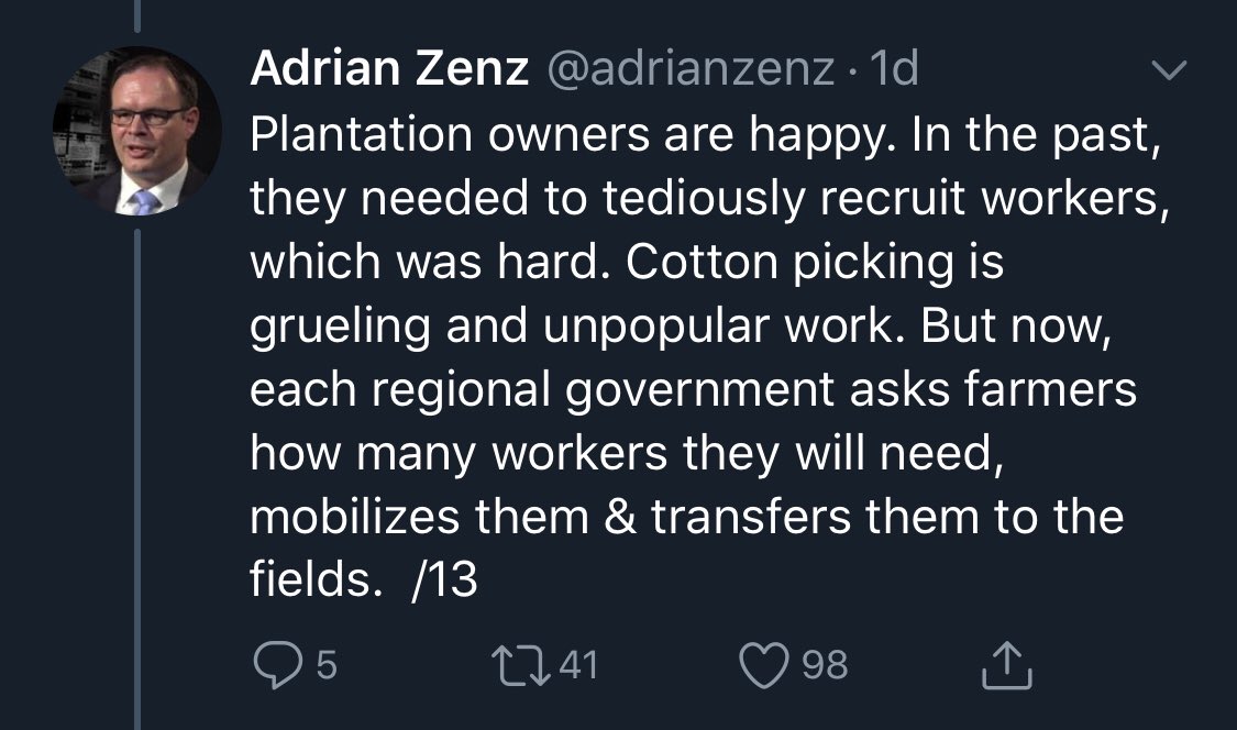 Zenz report designed to echo history of slavery on US cotton plantations by using terms like “Plantation owners”. Nvr mind u can’t own land in PRC! All land belongs to the state under Chinese socialism. farmers do own the right to work on allotted land that can pass down family