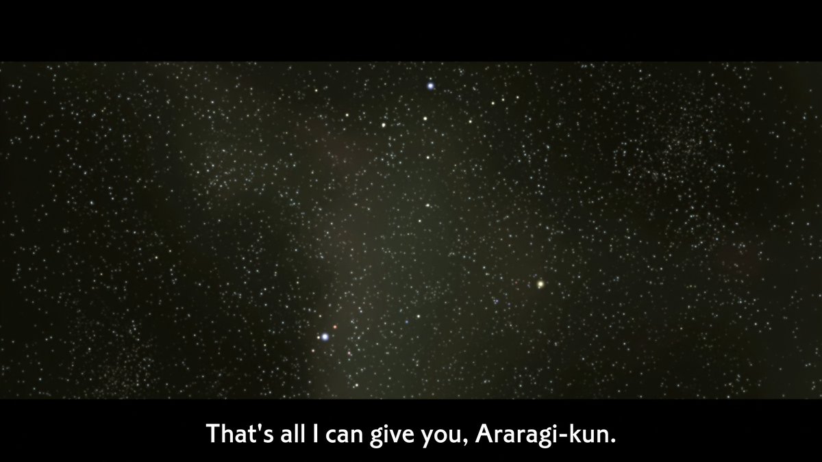 The way she opens up to her most vulnerable confession is perfectly foreshadowed throughout the episode. Mentioning studying, Kanbaru, and her father to test the waters on Araragi's reactions only to end with the stars to show that's "all she has" is sadly poetic but beautiful.