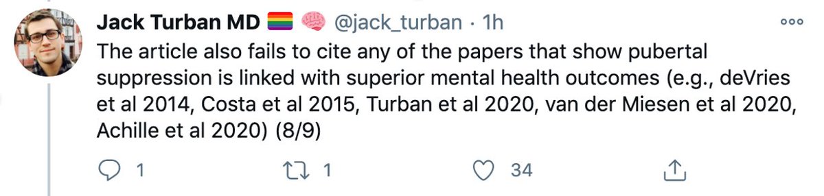 Jack labels the thorough review of evidence undertaken by the UK High Court and their decision to consider puberty blockers (PBs) an experimental treatment “a blatant disregard for scientific evidence.” Jack lists studies he claims support his position. Let’s  #factcheckjack. /2