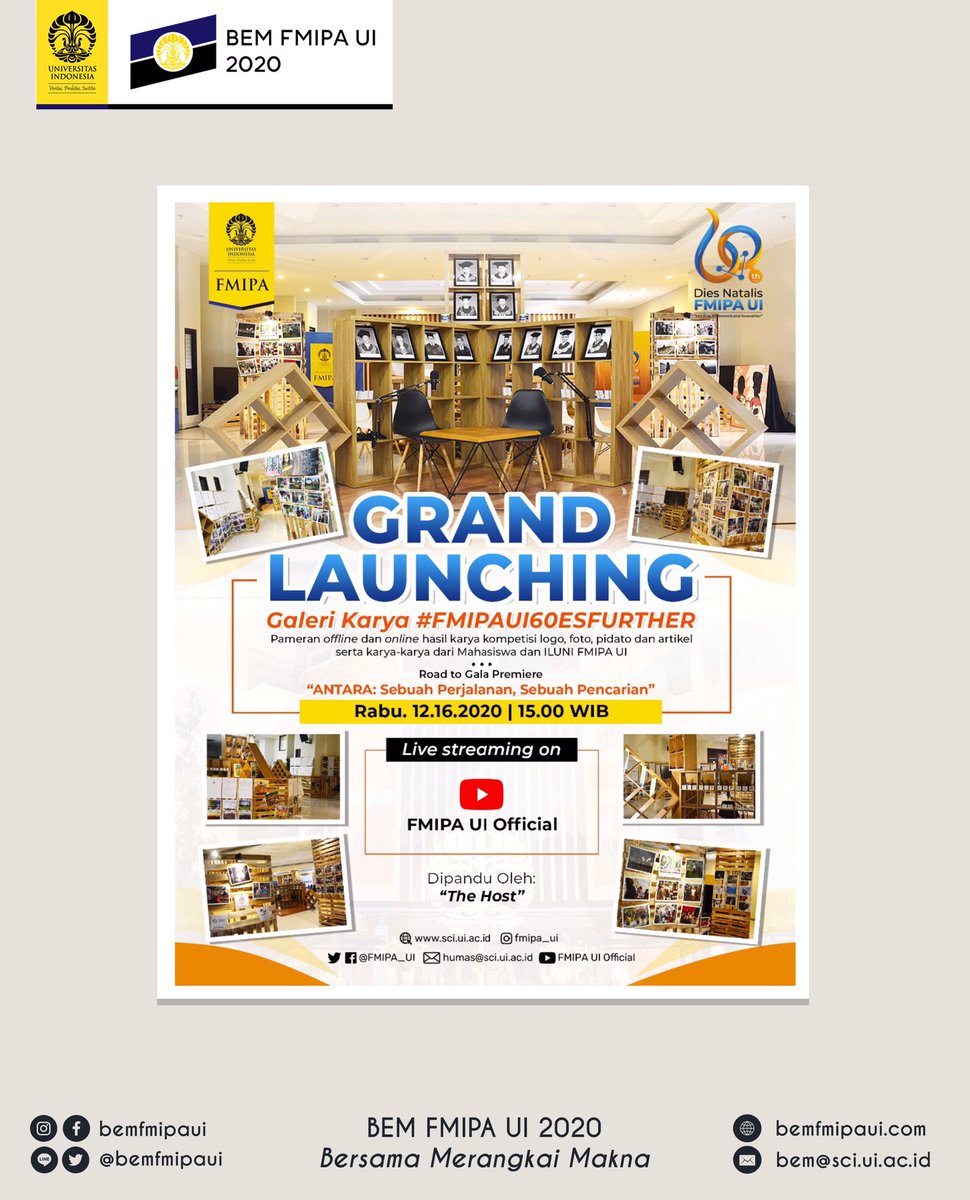 bemFMIPAUI's tweet image. [GRAND LAUNCHING: GELAR KARYA #FMIPA60ESFURTHER]

Halo, MIPA!

Dalam rangka menuju puncak perayaan hari jadi yang ke-60, FMIPA UI mempersembahkan “Galeri Karya #FMIPAUI60ESFURTHER”.