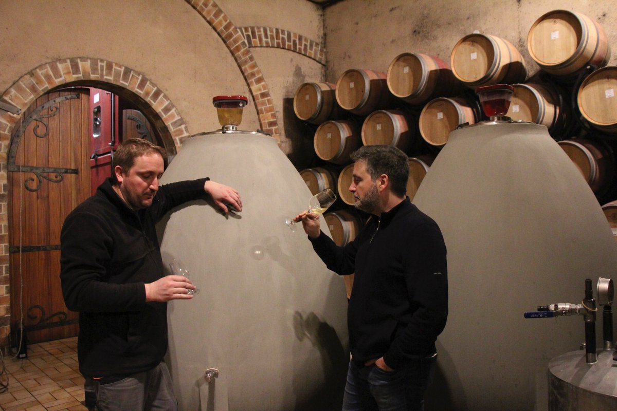 Unique experience on my @AOCVentoux WineTrail  <a href="/winewankers/">The Wine Wankers 🍾🤛🎉🥂</a> <a href="/CHARLIEWINES/">CHARLIE ARTURAOLA</a> <a href="/timatkin/">Tim Atkin</a>  <a href="/winematcher/">Fiona Beckett</a>  <a href="/Specmonkey/">Emotional Support Monkey (Parody)</a> <a href="/wineworldnews/">wineworldnews</a> <a href="/creativefabien/">Fabien Lainé</a> <a href="/muladhara/">swami Iyer</a>  #cellar tasting #chateaupesquie #wine #Syrah &amp; #Grenache from barrel and raw cement egg. Am becoming big fan of raw cement!