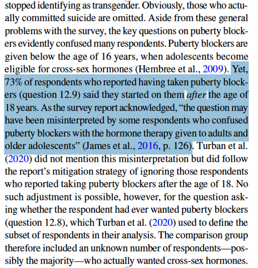 Now on to Turban 2020. The paper contributes nothing to our understanding of pubertal blockade. Why? Analysis of a poor-quality online convenience sample with respondents confused by what puberty blockers are, renders meaningless findings. /7 https://link.springer.com/article/10.1007%2Fs10508-020-01743-6