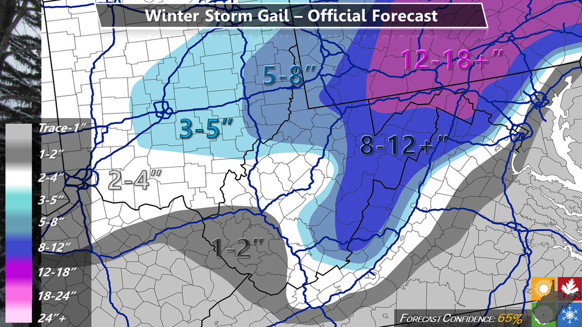 thereal_zrich's tweet photo. Good evening (morning), everyone! Here's my official Winter Storm #Gail Snowfall Accumulation Forecast! This was a VERY difficult forecast - I will advise caution on using any exact number from this map. With that tidbit out of the way, here's some analysis (thread attached): https://t.co/kqYH4JefZF